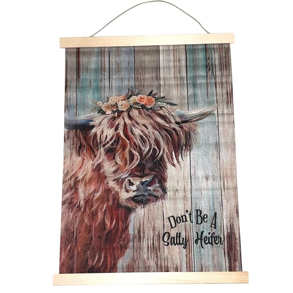 Don't Be A Salty Heifer Highland Cow Rustic Wood Frame Wall Hanging Scroll 12x18